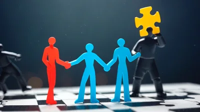 Plastic Figurines Holding Hands on Puzzle Board