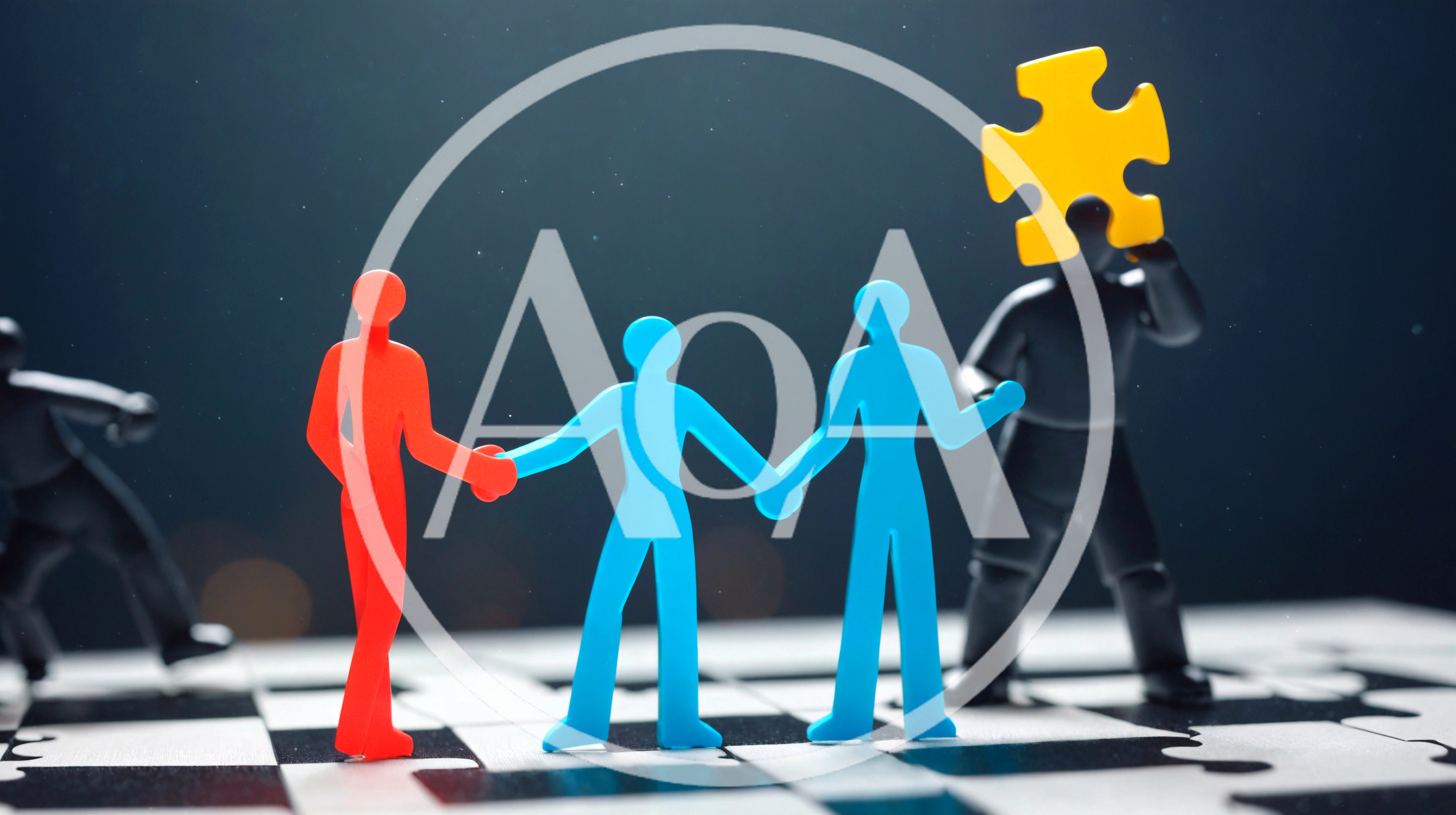 Plastic Figurines Holding Hands on Puzzle Board