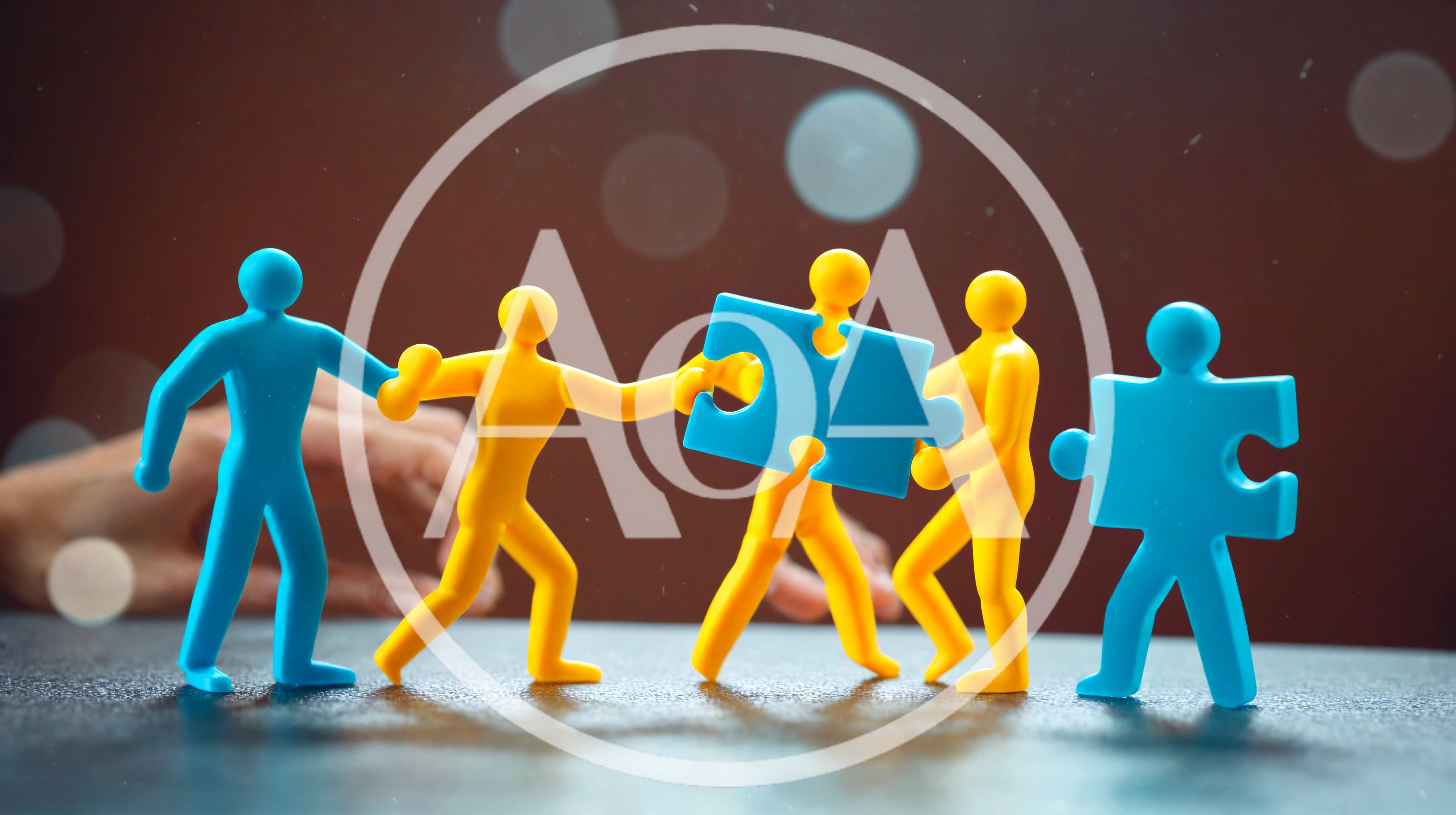 Plastic Figurines Connecting Blue Puzzle Pieces Together