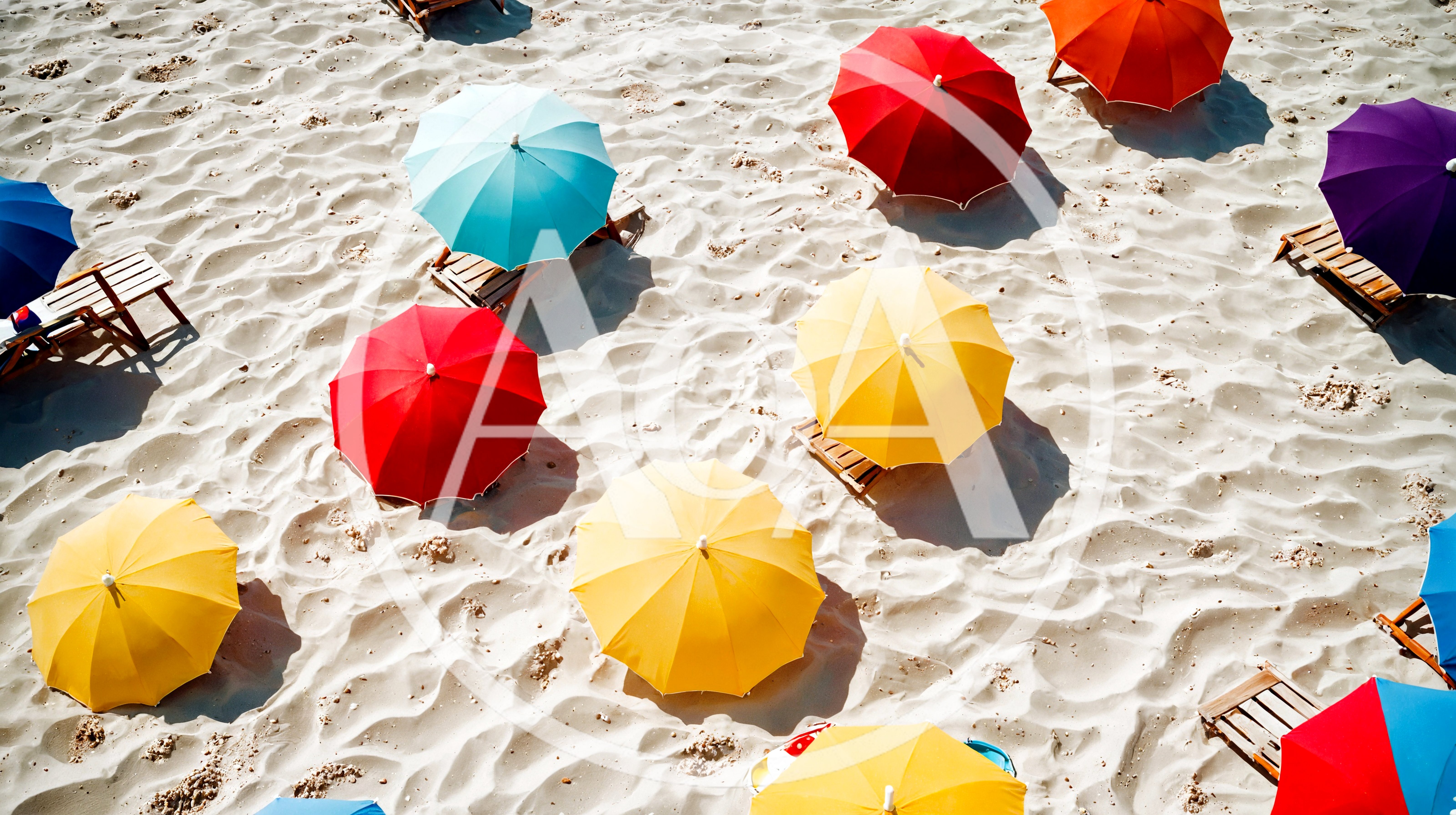 Aerial View Of Colorful Beach Umbrellas On White Sand