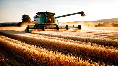 Combine Harvester Working In A Golden Wheat Field