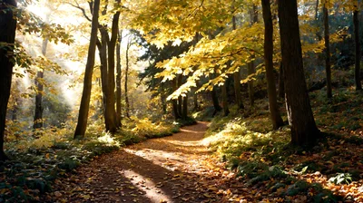 Sunlight Filtering Through Autumn Forest Trees