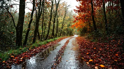 Wet Autumn Road Through A Colorful Forest