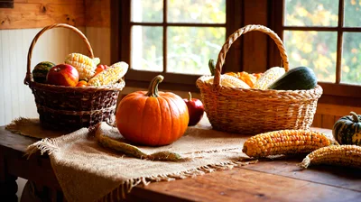 Rustic Thanksgiving Harvest Display With Pumpkins And Corn