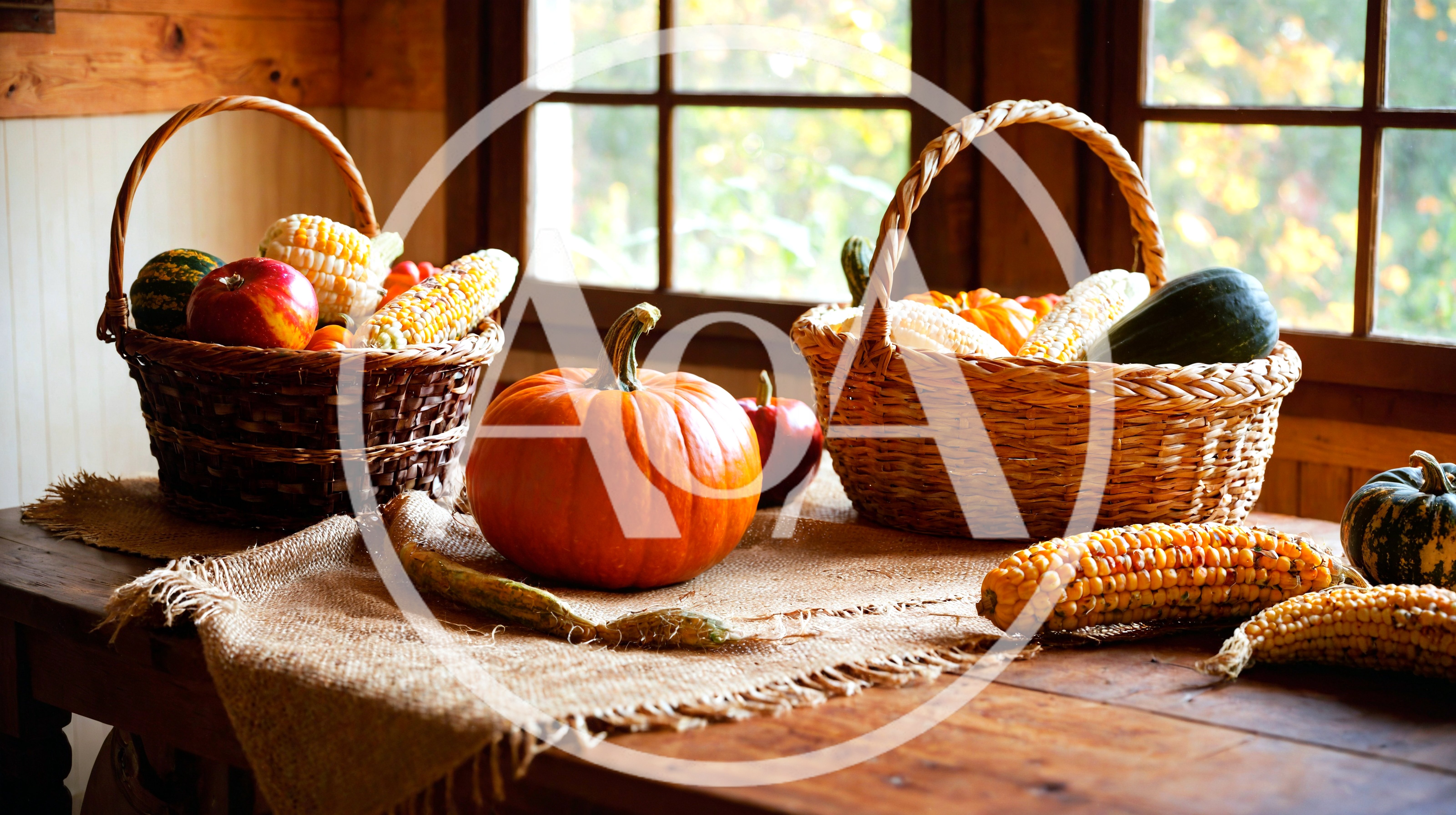 Rustic Thanksgiving Harvest Display With Pumpkins And Corn
