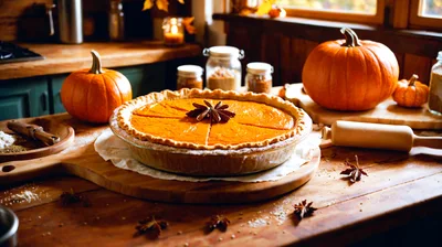 Freshly Baked Pumpkin Pie On A Rustic Kitchen Counter