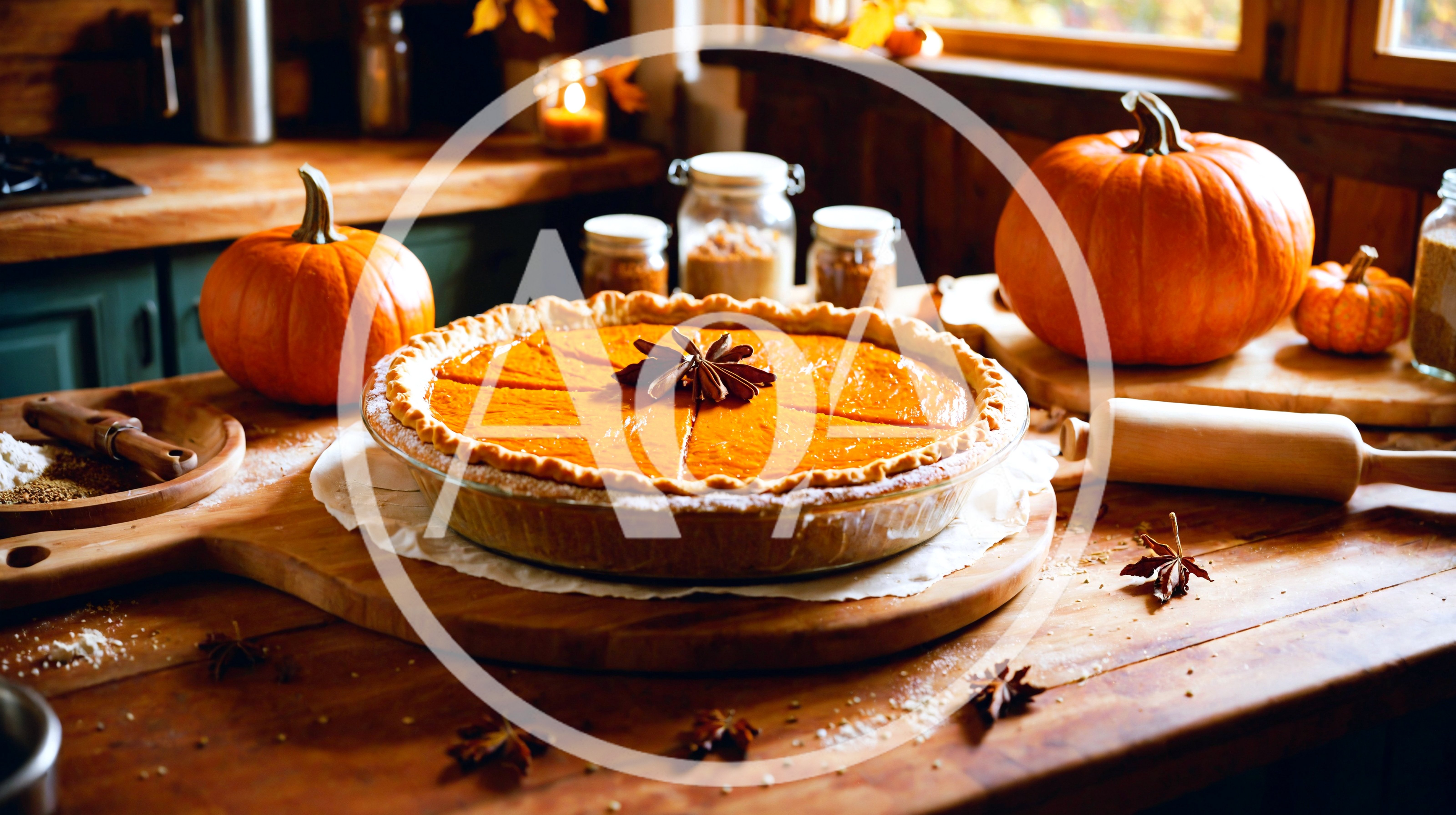 Freshly Baked Pumpkin Pie On A Rustic Kitchen Counter