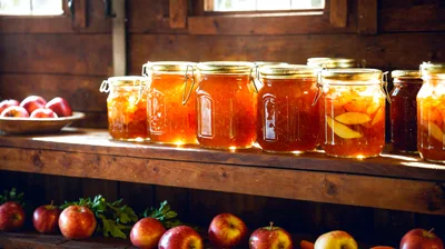 Homemade Apple Preserves In Glass Jars On Wooden Shelf