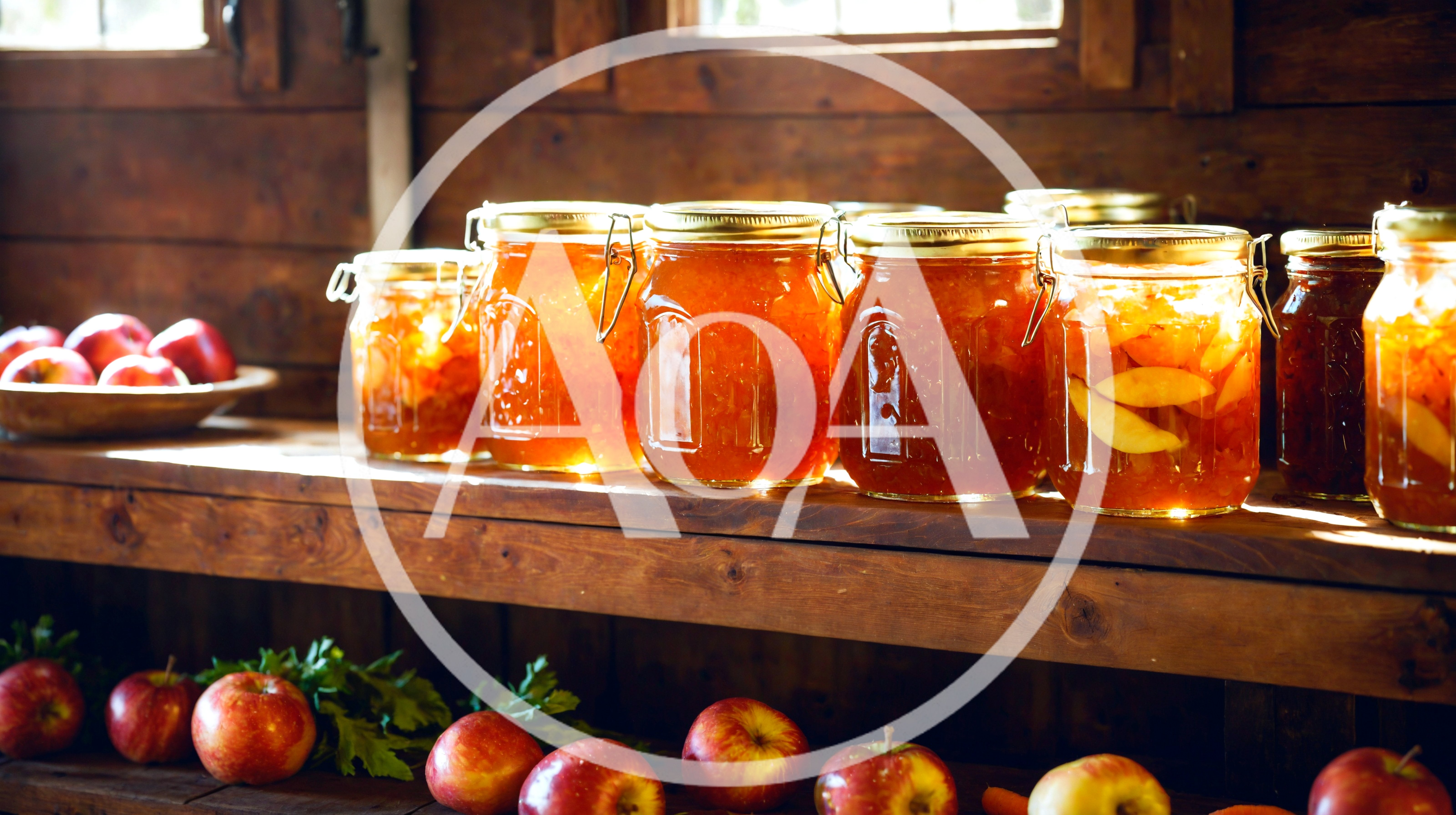 Homemade Apple Preserves In Glass Jars On Wooden Shelf