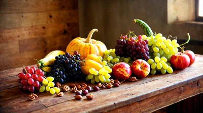 Assorted Fresh Fruits and Nuts on Rustic Wooden Table