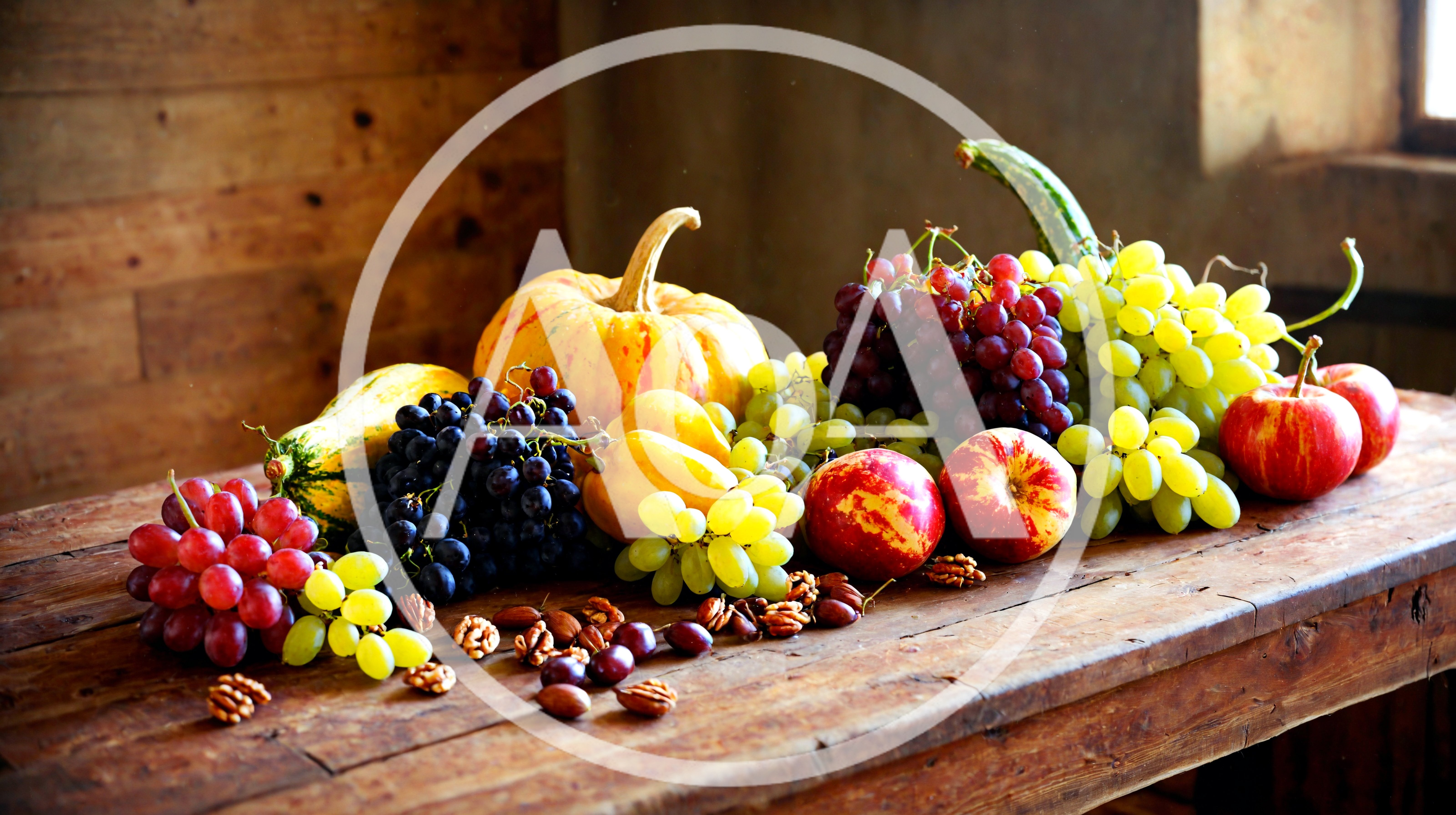 Assorted Fresh Fruits and Nuts on Rustic Wooden Table