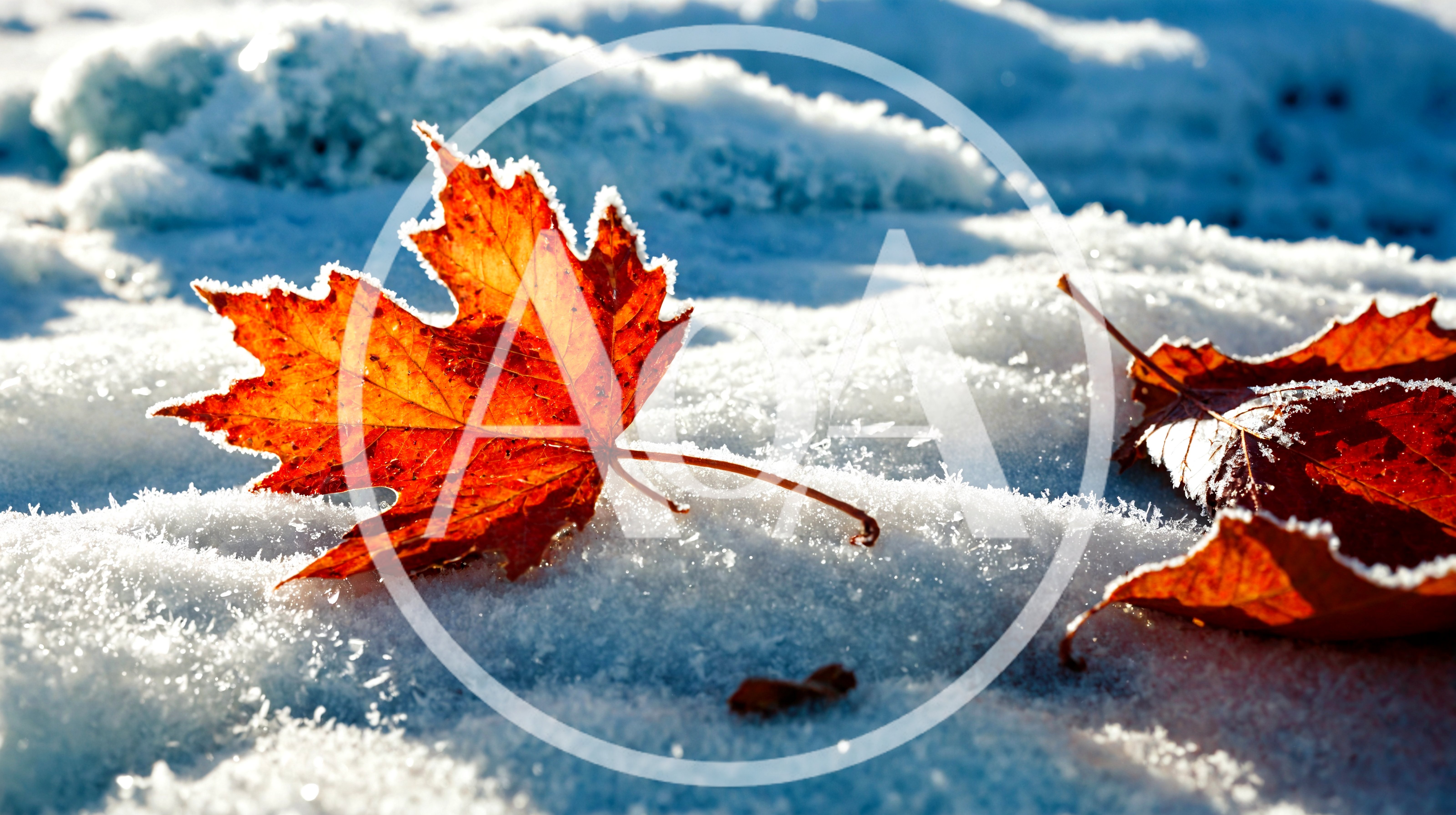 Frost Covered Maple Leaves Resting On Fresh Snow
