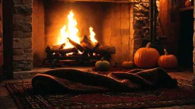 Cozy Fireplace Scene With Pumpkins And A Rug