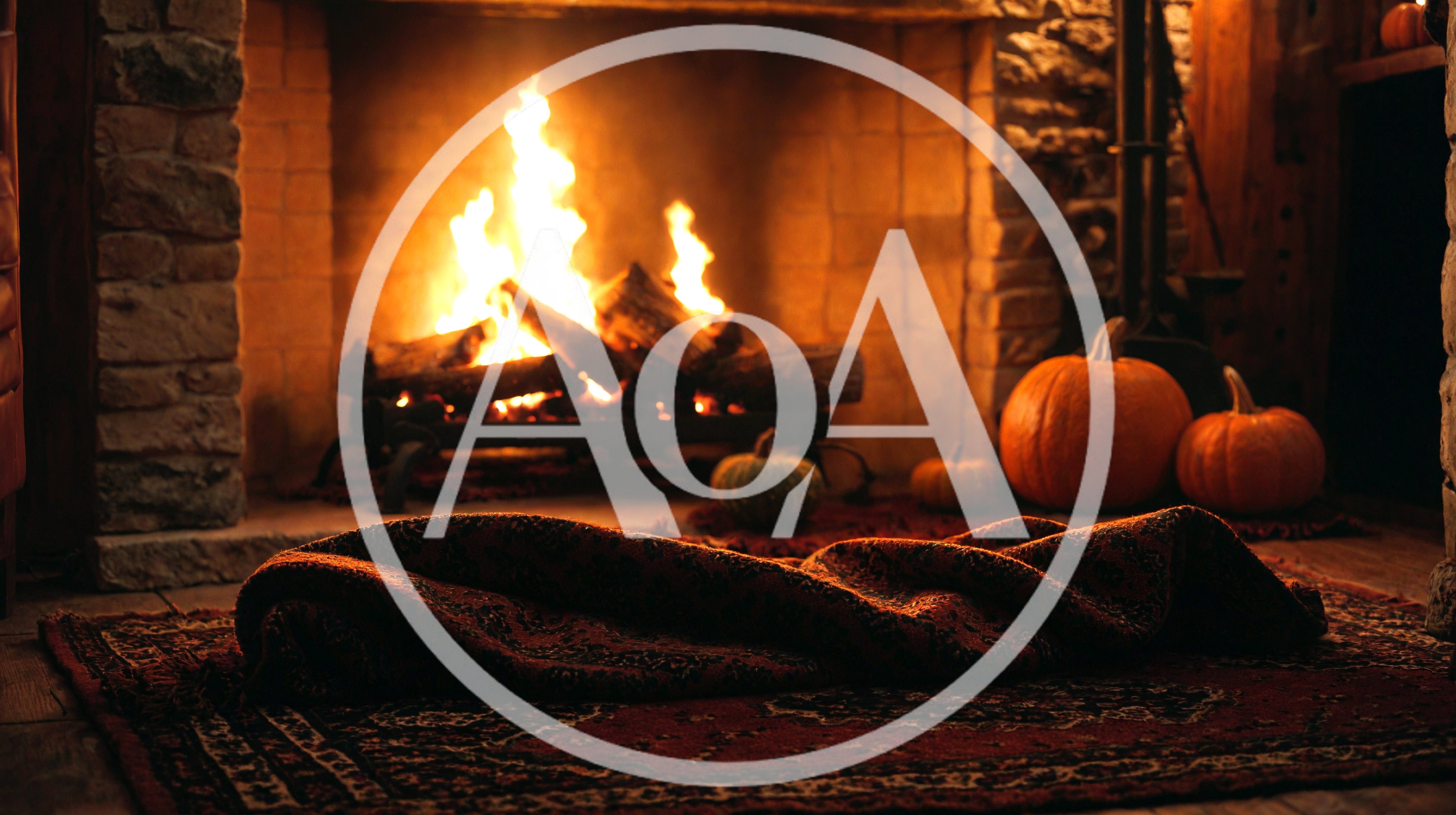 Cozy Fireplace Scene With Pumpkins And A Rug