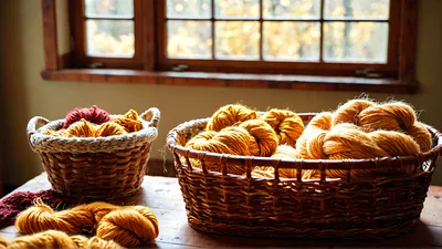 Woven Baskets Filled With Golden Yarn Skeins