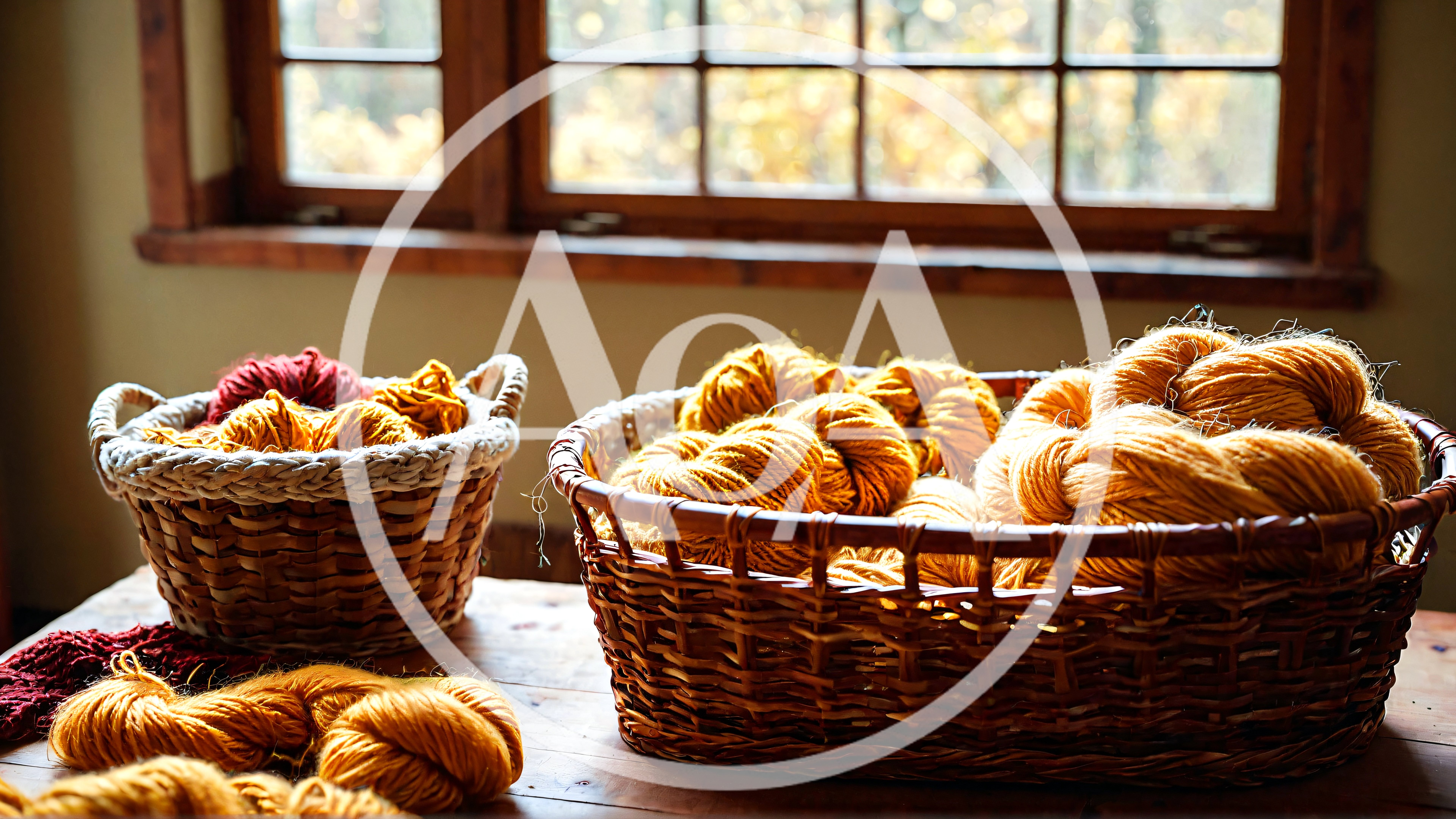 Woven Baskets Filled With Golden Yarn Skeins