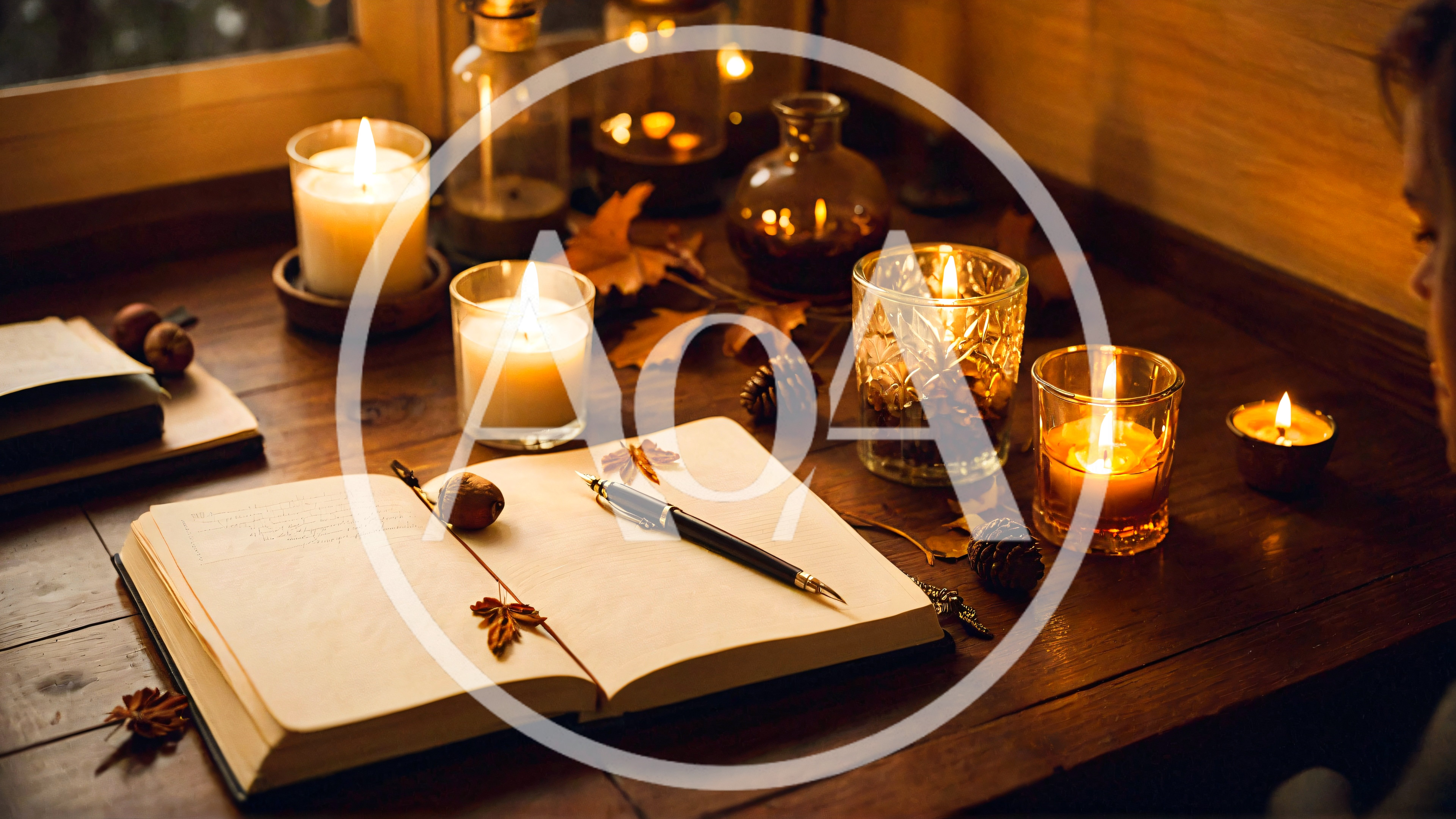 Open Journal With Fountain Pen And Lit Candles