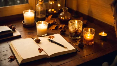Open Journal With Fountain Pen And Candles