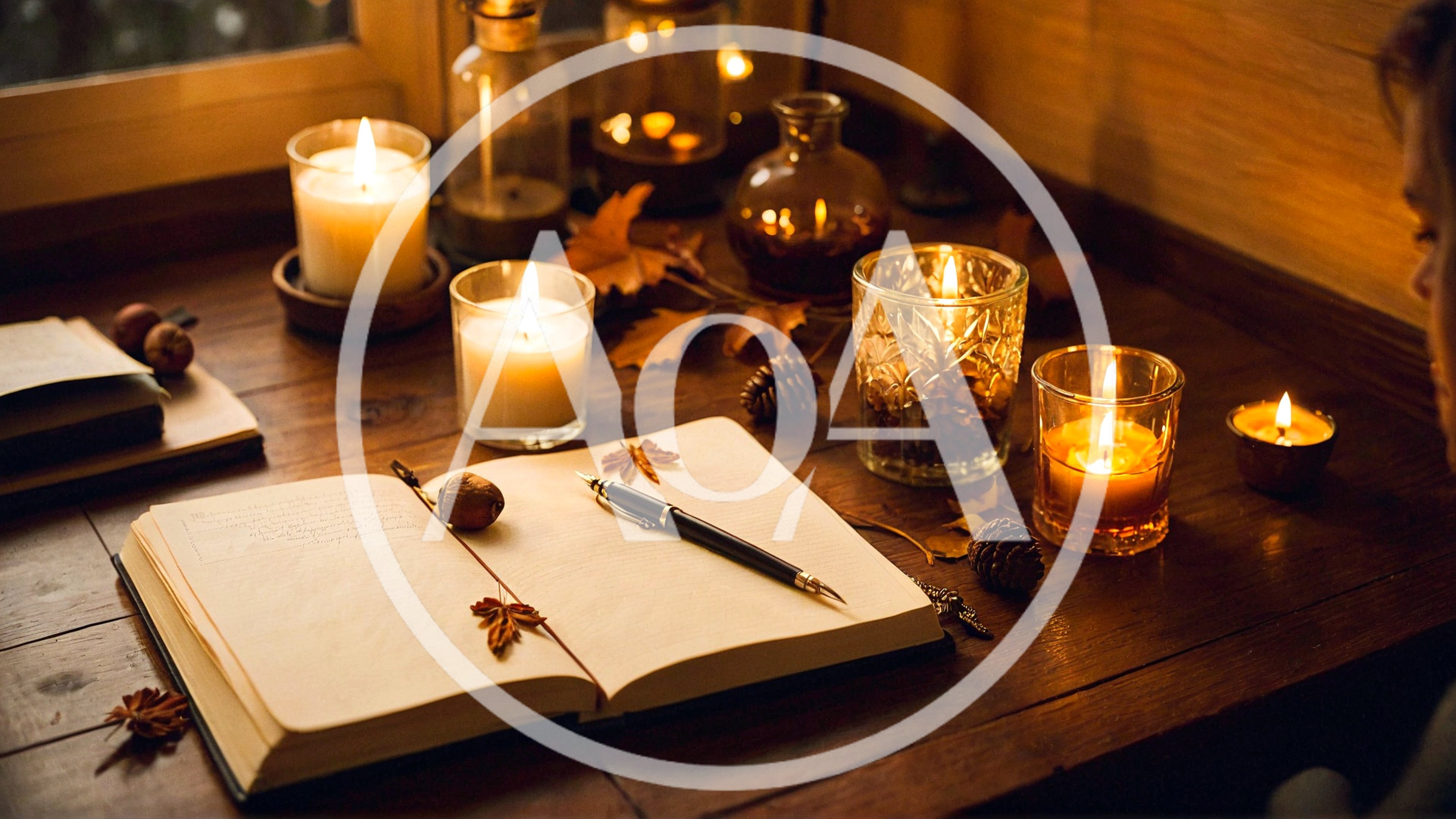 Open Journal With Fountain Pen And Candles