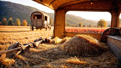 Rustic Wooden Wagon Filled With Hay In Harvest Field