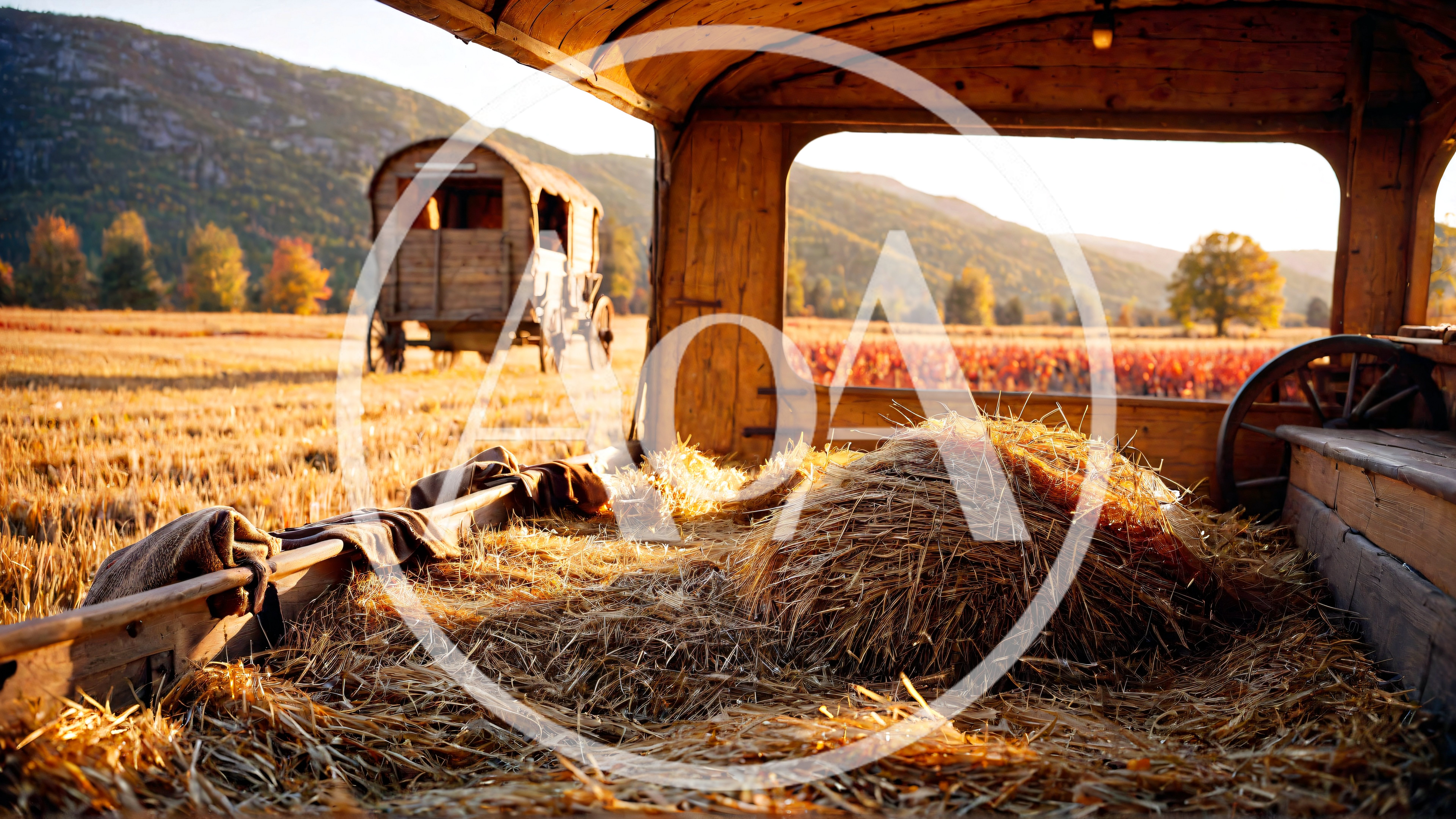 Rustic Wooden Wagon Filled With Hay In Harvest Field
