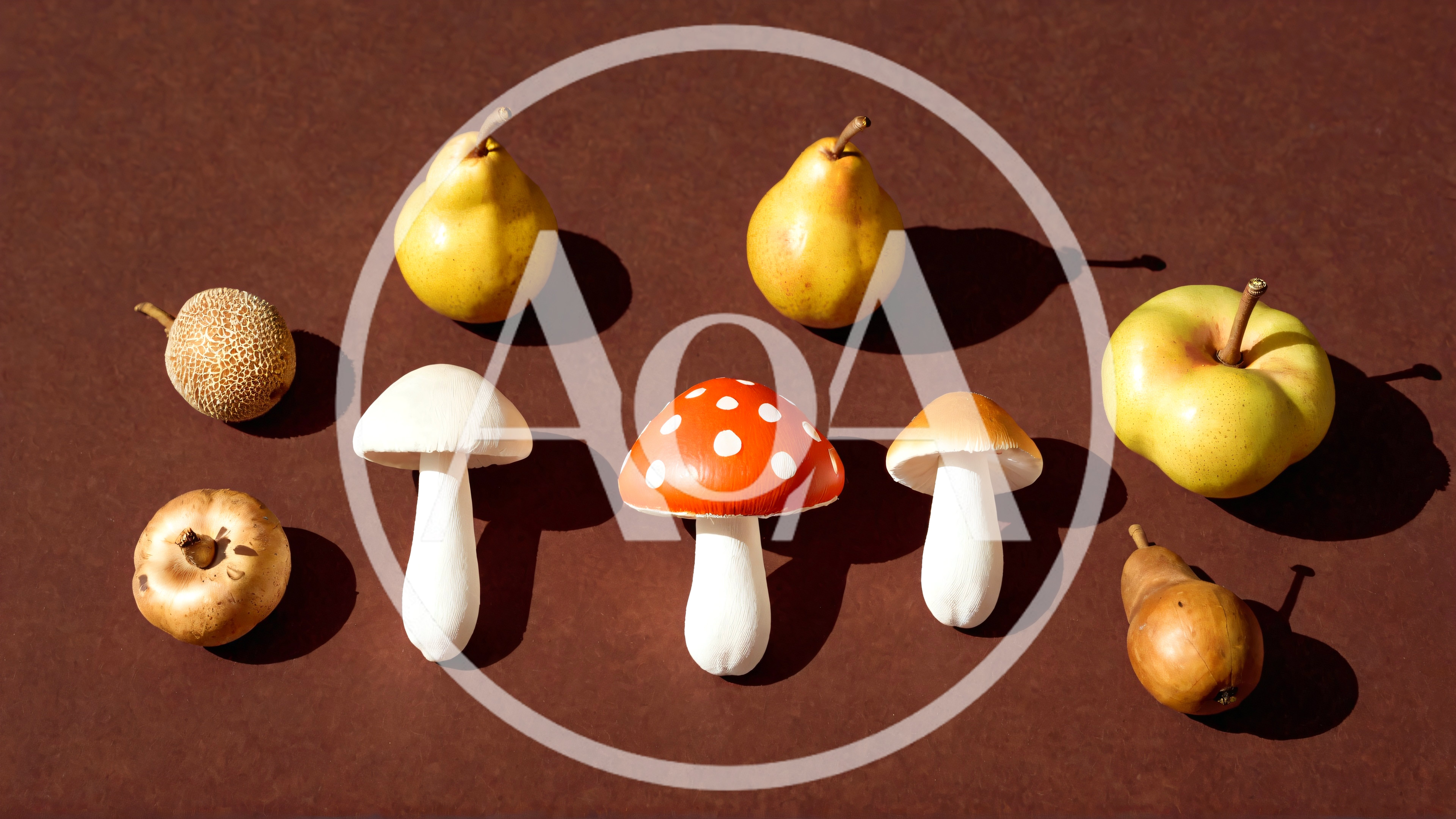 Assorted Decorative Mushrooms And Fruit On Brown Background