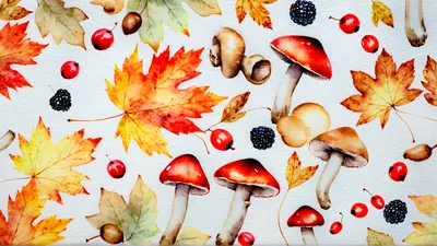 Watercolor Autumn Pattern With Leaves Mushrooms And Berries