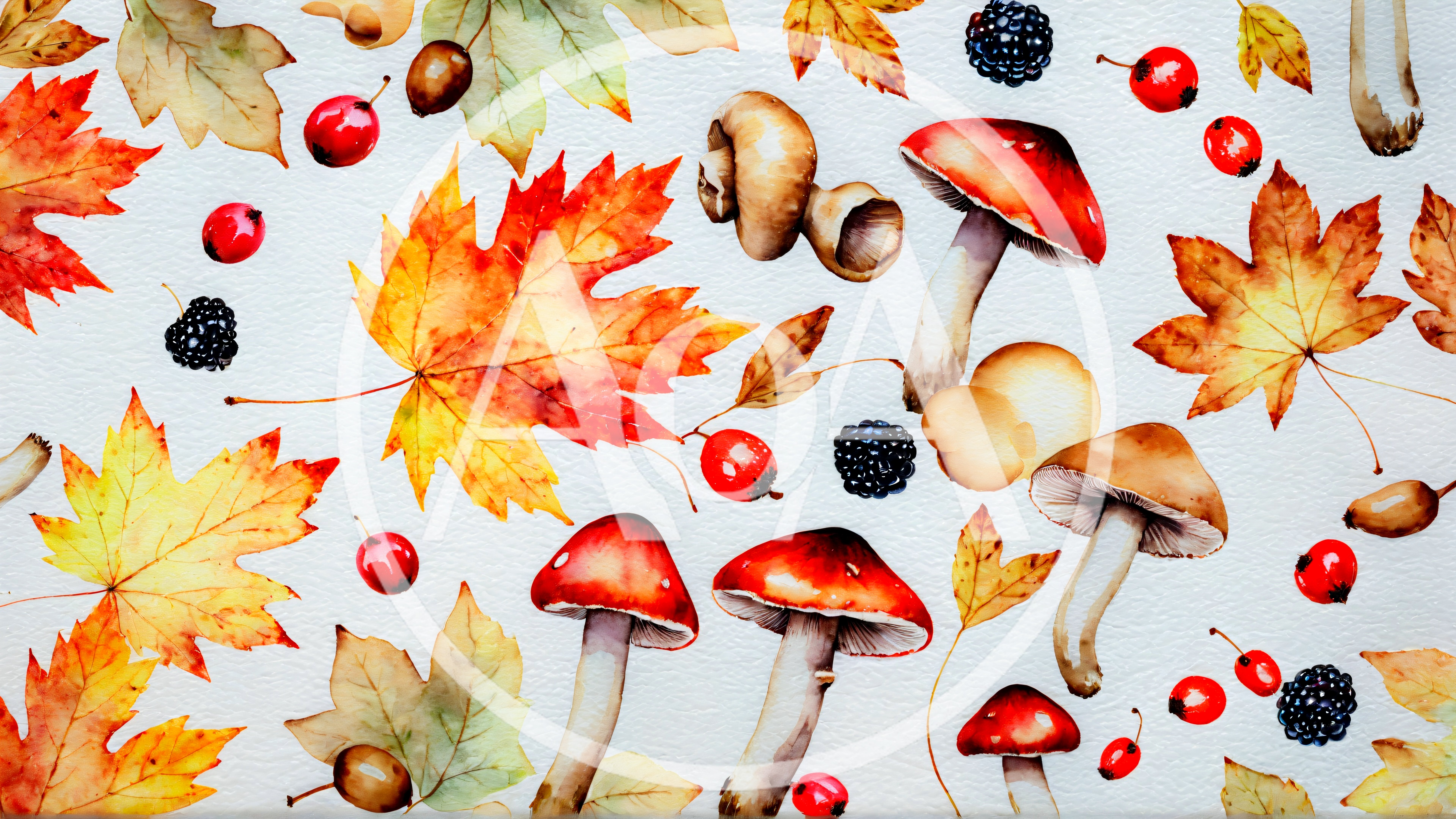 Watercolor Autumn Pattern With Leaves Mushrooms And Berries