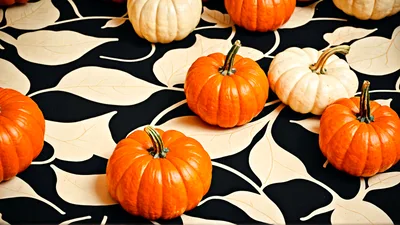 Small Decorative Pumpkins On A Leaf Patterned Tablecloth