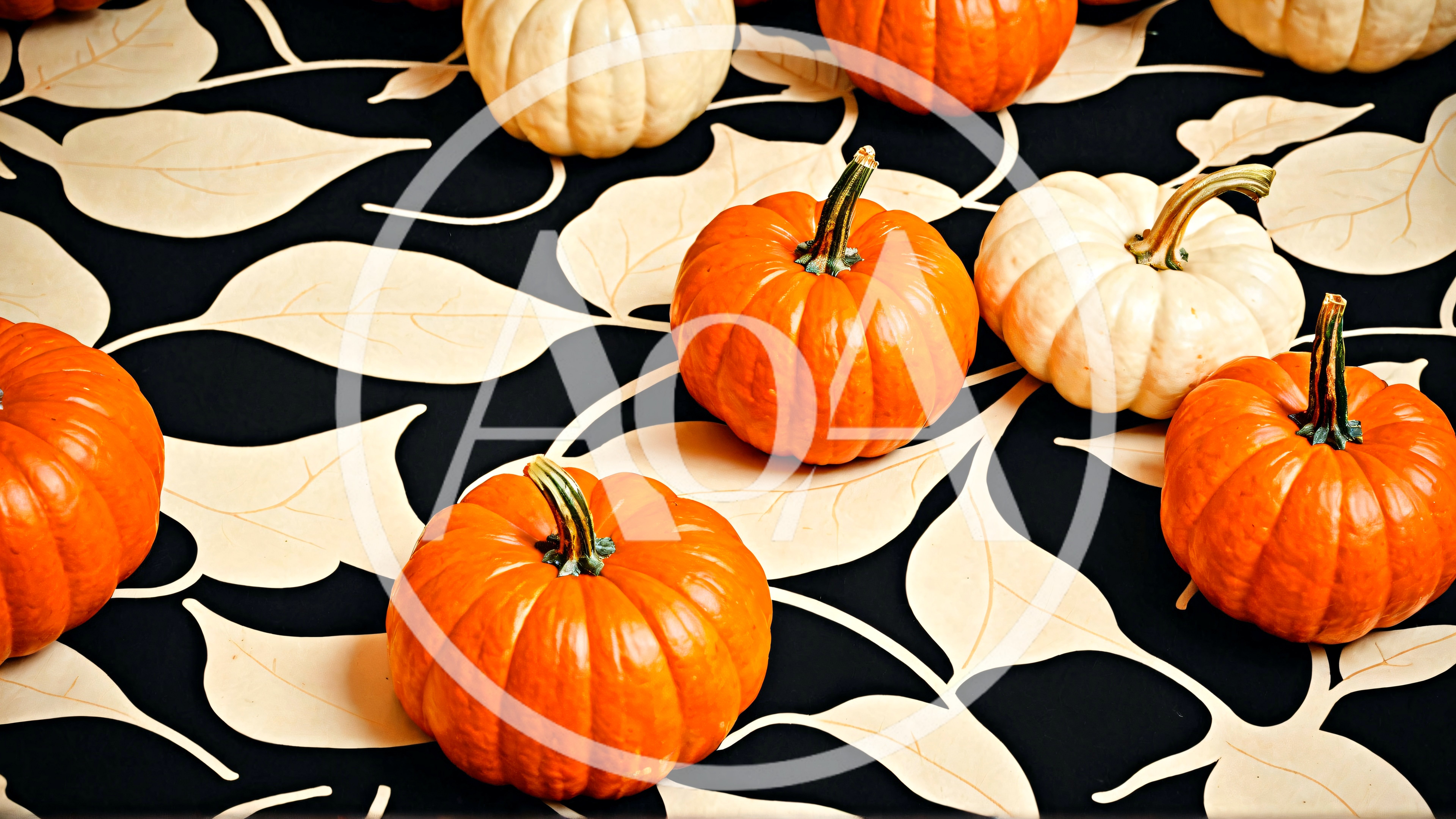 Small Decorative Pumpkins On A Leaf Patterned Tablecloth