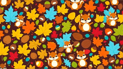 Seamless Autumn Pattern With Cute Squirrels And Leaves