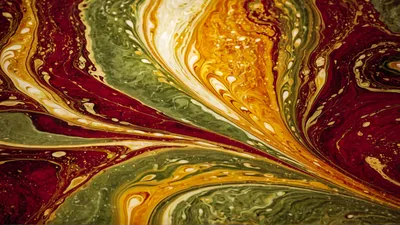 Abstract Liquid Paint Swirls In Red Green And Gold
