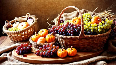 Rustic Harvest Baskets With Pumpkins And Grapes