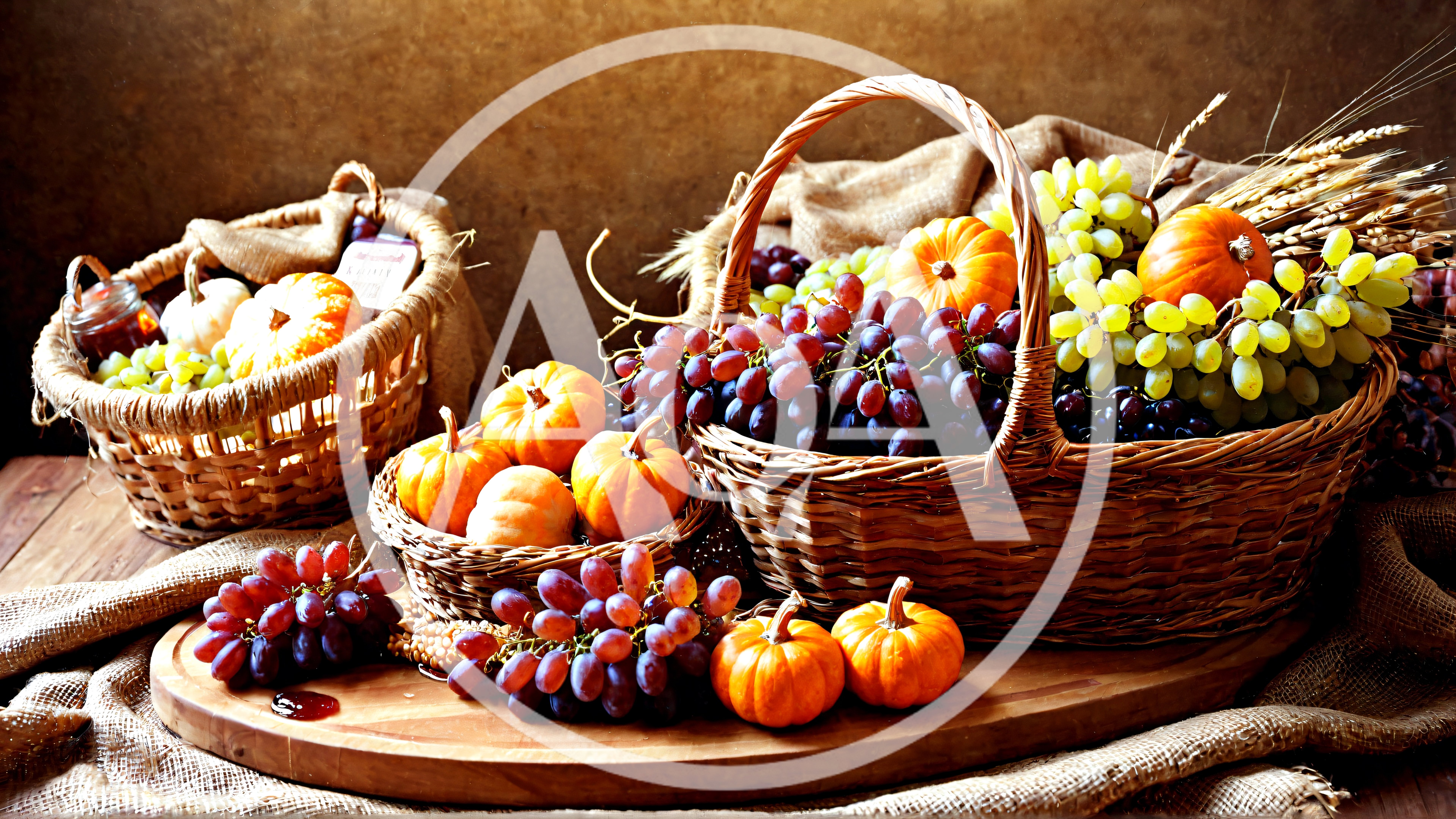 Rustic Harvest Baskets With Pumpkins And Grapes