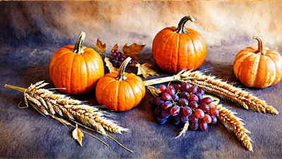 Autumn Harvest Still Life With Pumpkins And Wheat