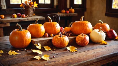 Rustic Thanksgiving Table Centerpiece With Pumpkins And Leaves