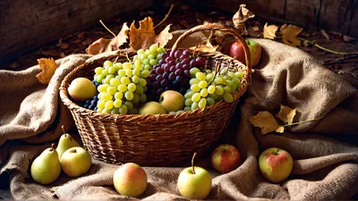 Rustic Basket Of Fresh Fruit On Burlap Fabric