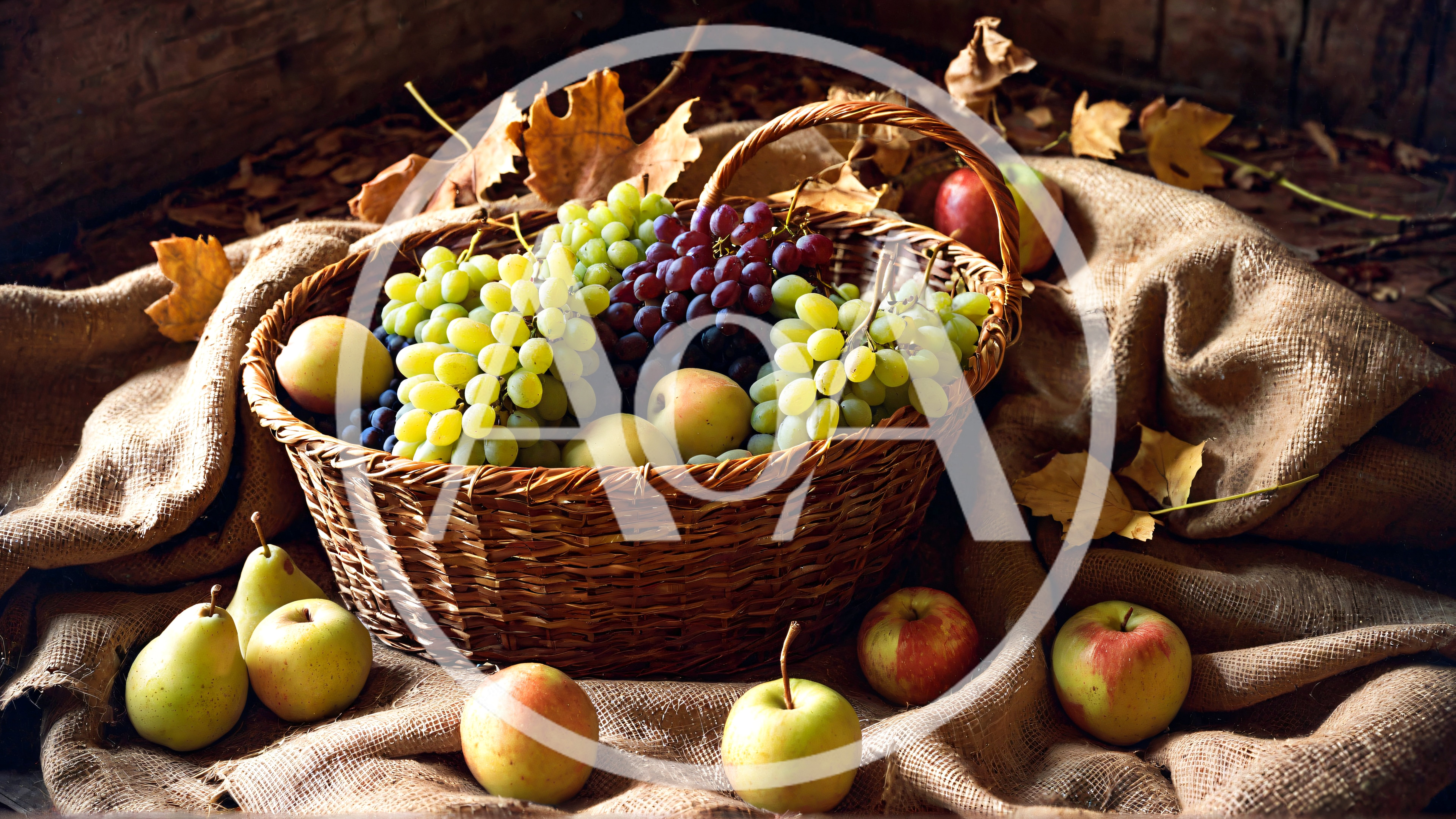 Rustic Basket Of Fresh Fruit On Burlap Fabric