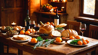 Rustic Dining Table Set With Bread And Wine