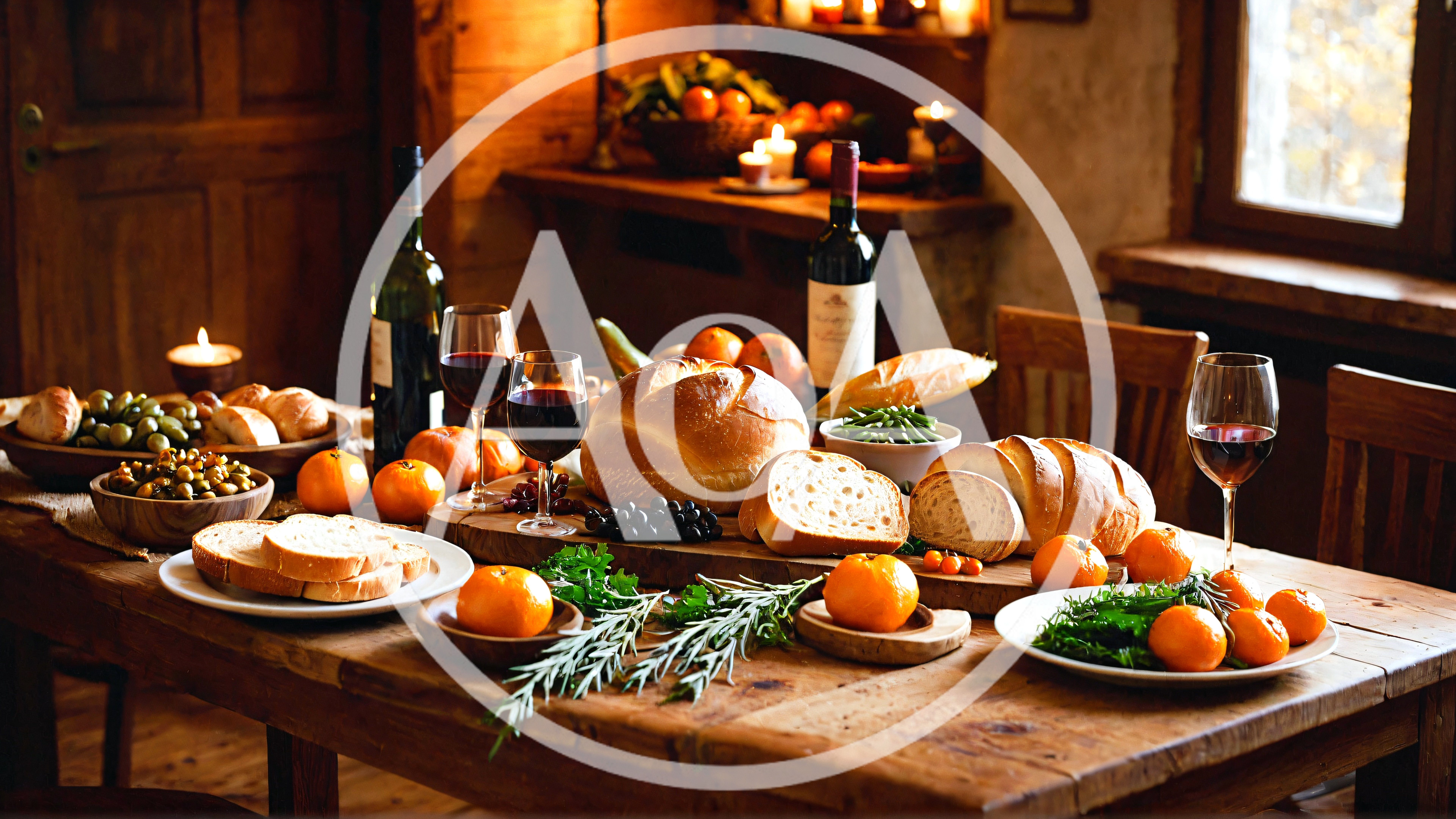 Rustic Dining Table Set With Bread And Wine