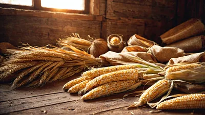 Harvested Corn Cobs And Wheat Sheaves On Wooden Table