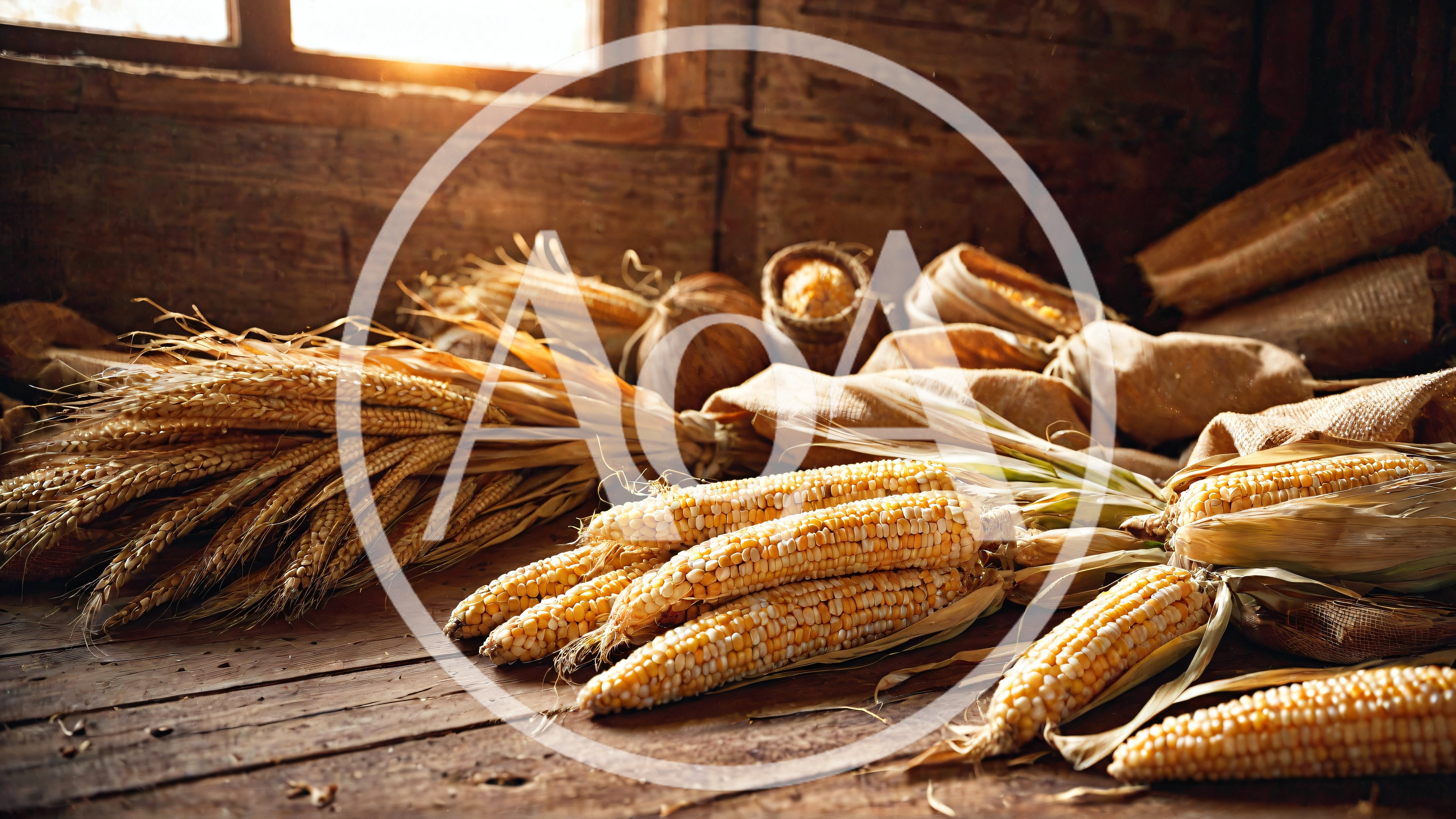 Harvested Corn Cobs And Wheat Sheaves On Wooden Table