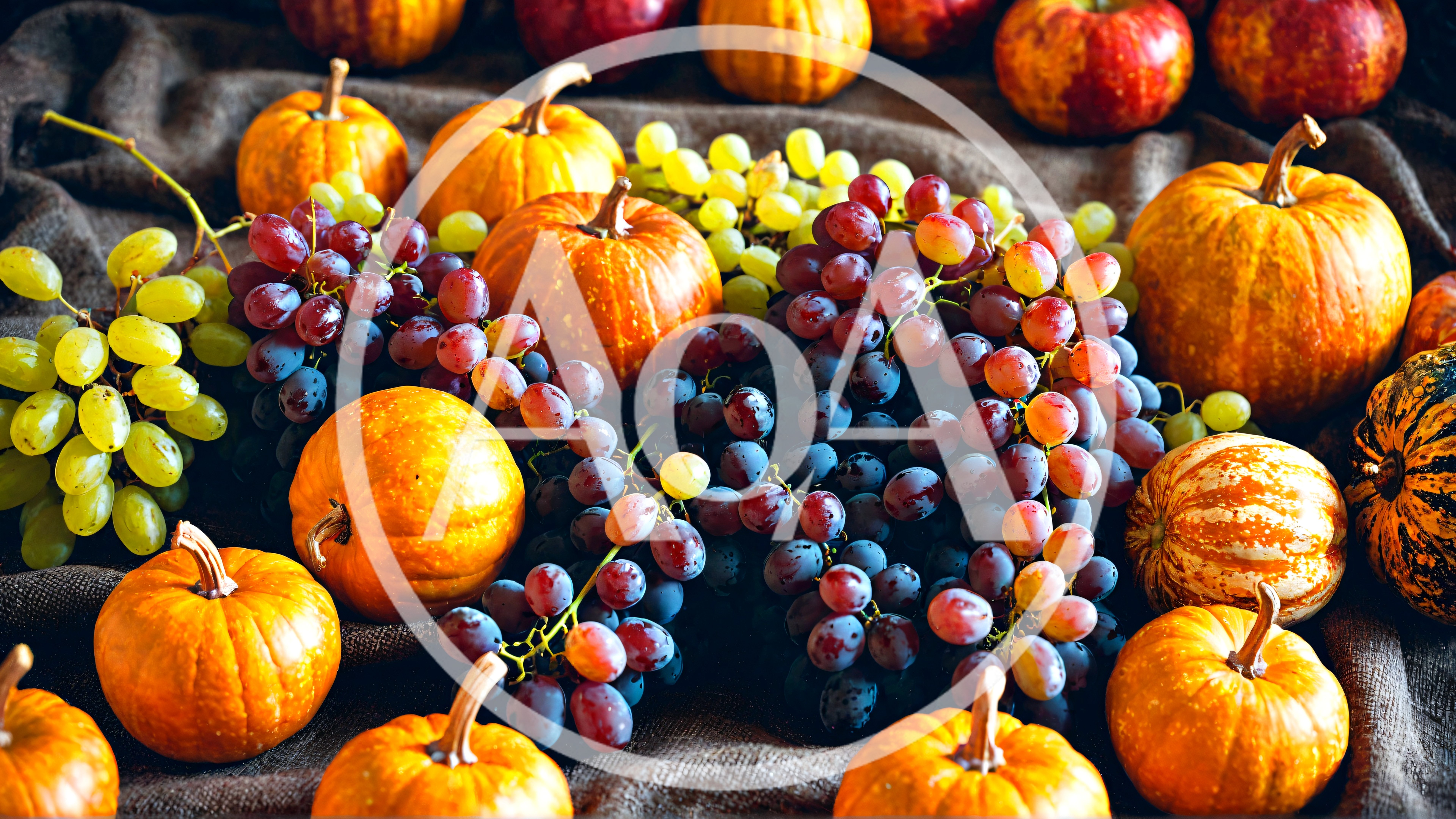 Autumn Harvest Display With Pumpkins And Grapes