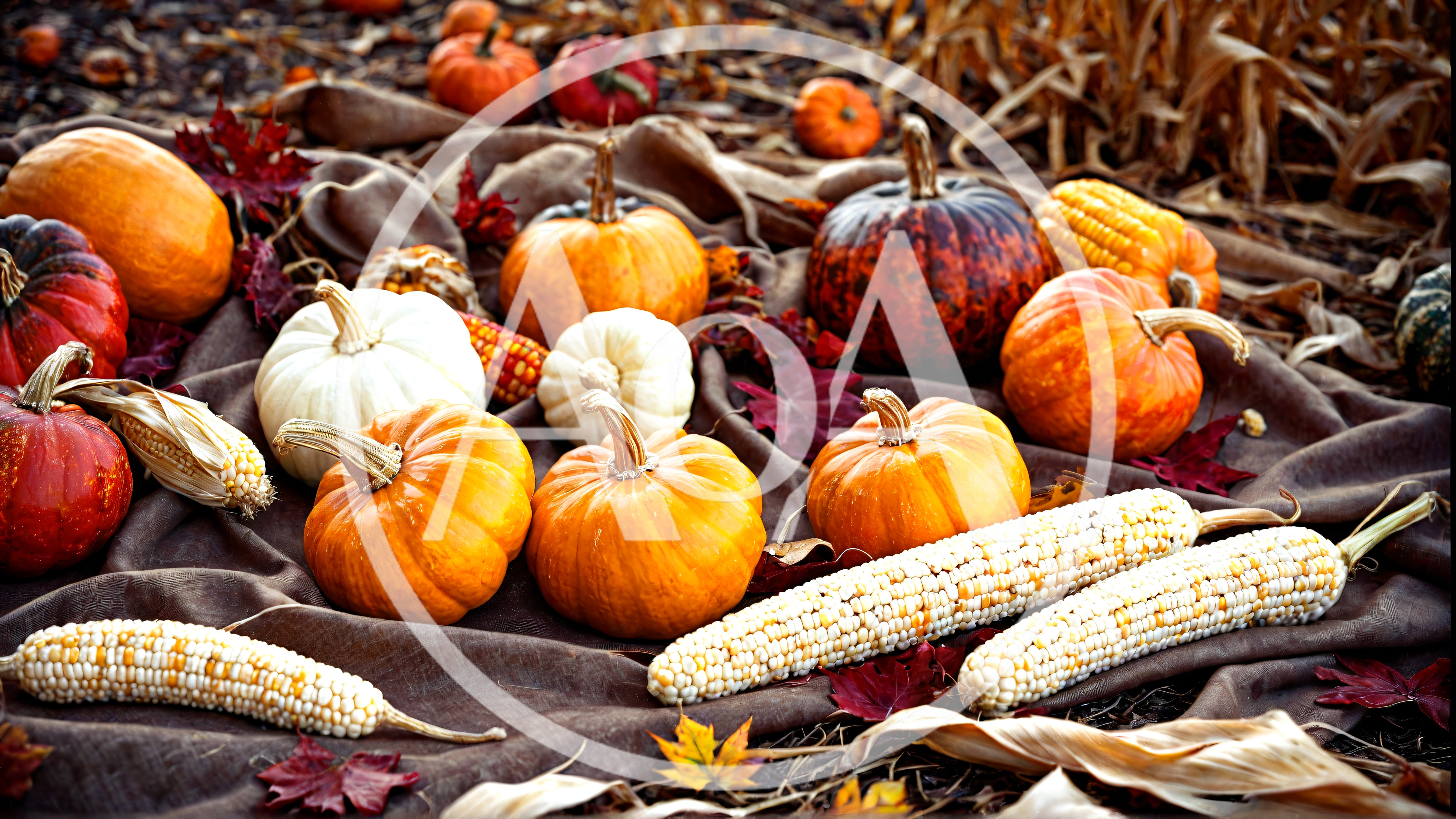 Assorted Pumpkins and Corn Cobs on Rustic Fabric