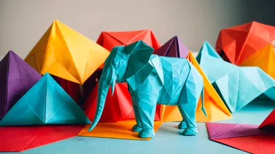 Origami Elephant Sculpture Surrounded By Geometric Paper Shapes