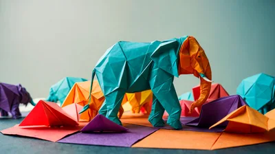 Colorful Origami Elephant Figures On Geometric Paper Surface