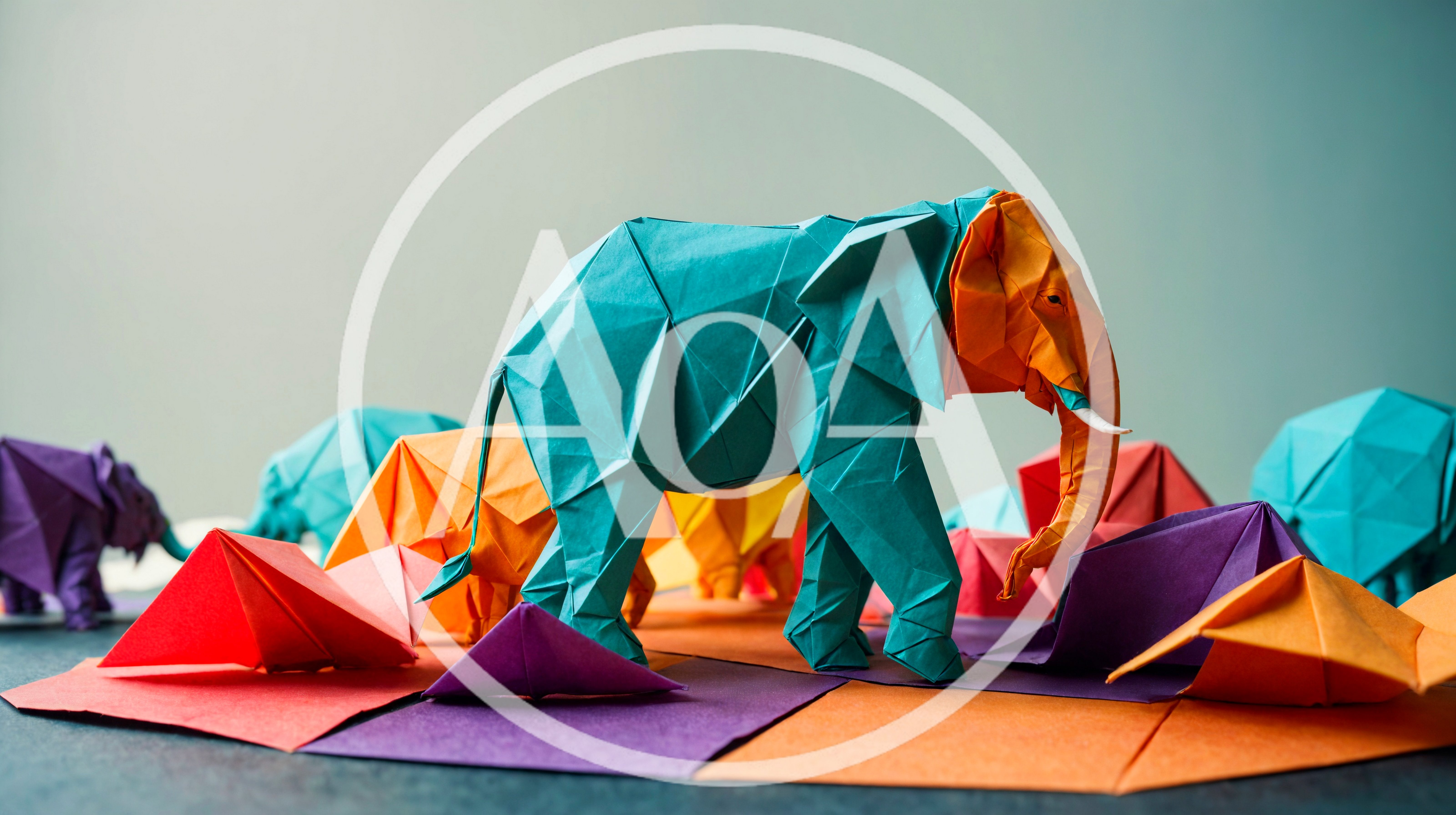 Colorful Origami Elephant Figures On Geometric Paper Surface