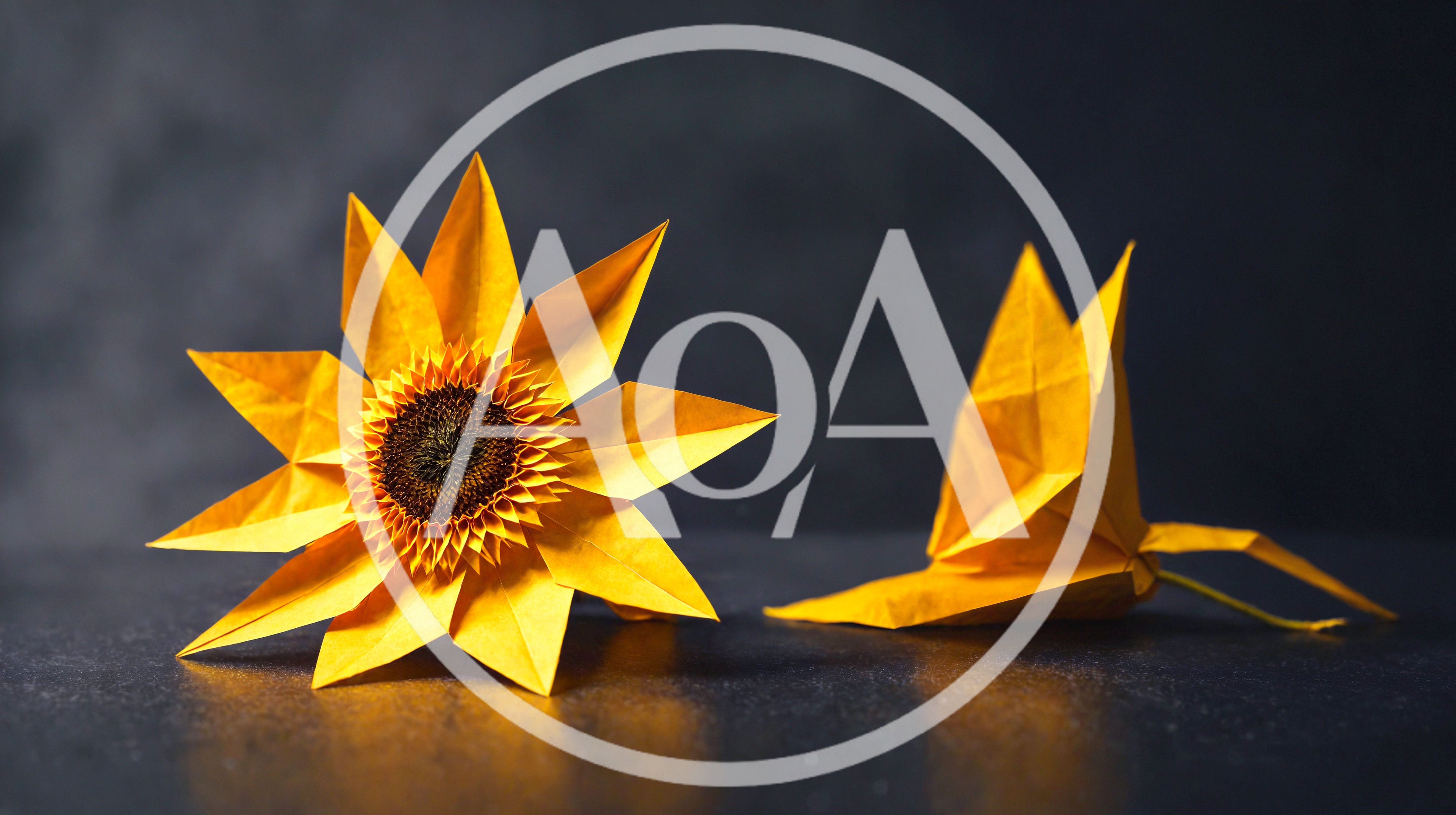 Origami Sunflower And Paper Bird On Dark Surface