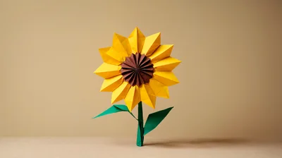 Origami Sunflower Paper Craft on Beige Background