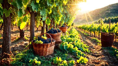 Harvesting Ripe Grapes In A Sunny Vineyard